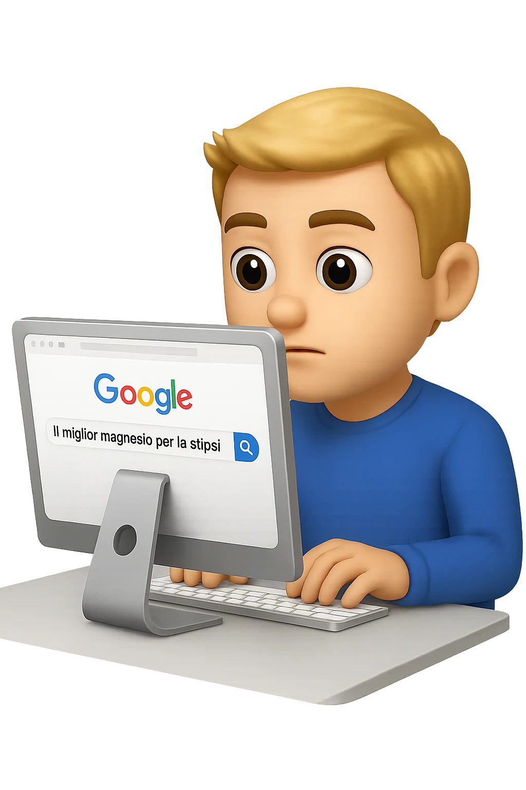 emoji stile iphone di un uomo davanti al pc che cerca di google: "Il miglior magnesio per la stipsi", iperrealistico 4k emoji
