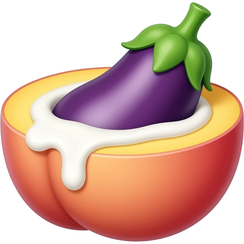 Okay so i want an emoji with a eggplant inside of a peach with cream comin out of the peach where the egg plant is inserted top view emoji