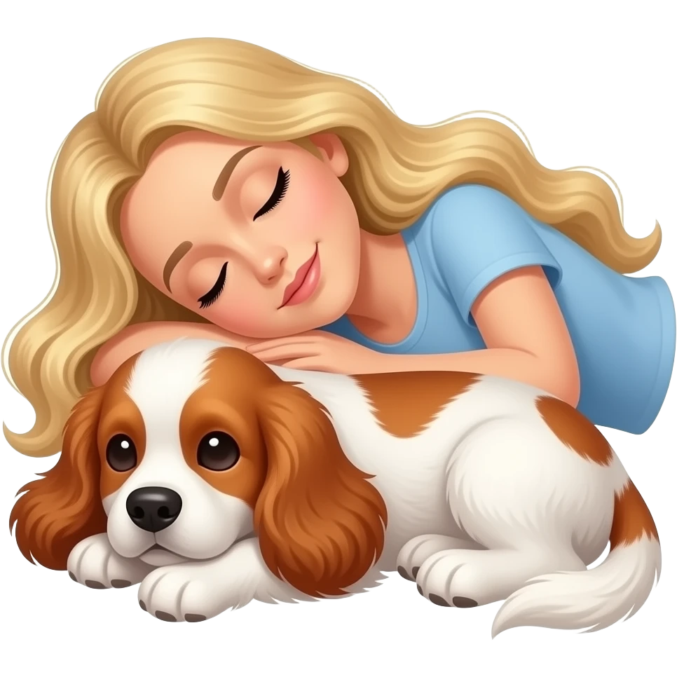 White woman with Long blond hair sleeping with a White/red cockerspaniel puppy emoji