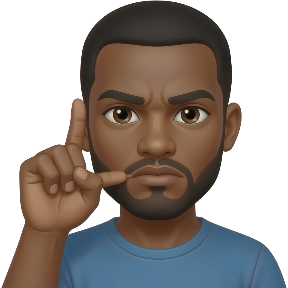 A black serious face with the first and second finger held up to the right esr and the tumb held on the lips like a phone emoji