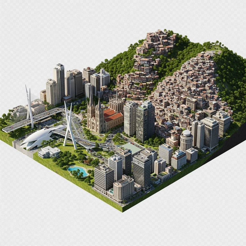 Isometric miniature of São Paulo Catedral da Sé, MASP, Octávio Frias Bridge, and Altino Arantes building, favelas on hillsides, dense chaotic urban blocks, and green parks 3D miniature effect and Tilt Shift effect, no cartoonish look, transparent background. emoji