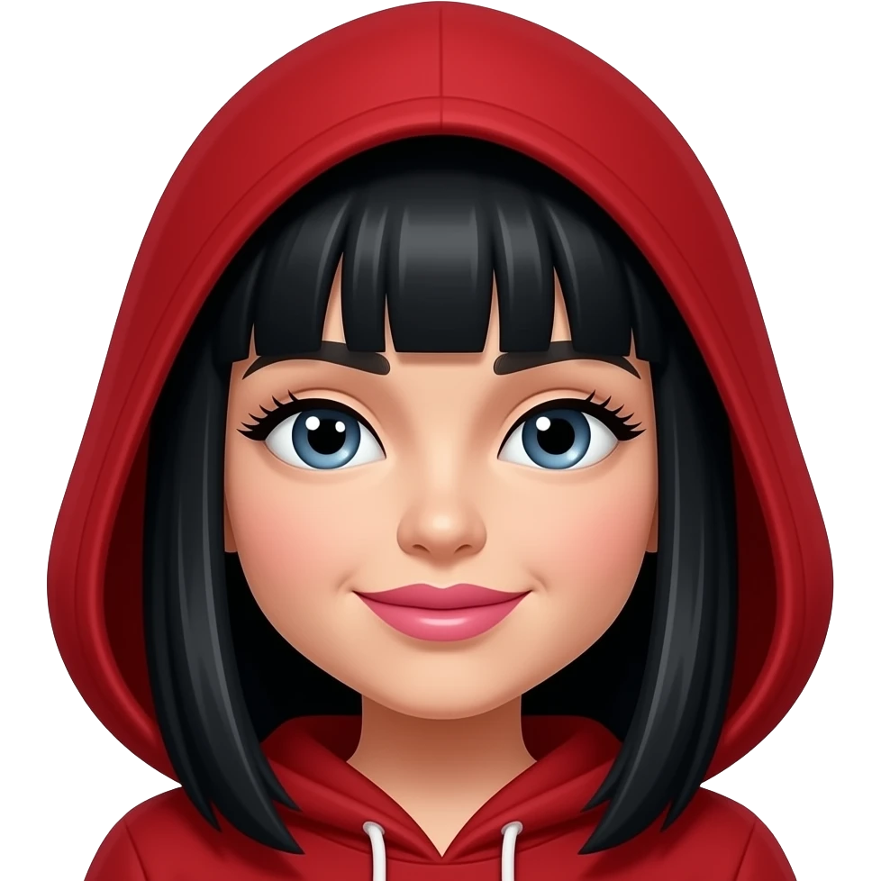 Red hood, light pink lipstick, lashes, black straight hair emoji