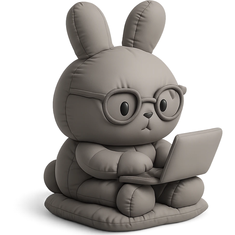 full-body round-faced gray bunny wearing glasses, sitting on a small cushion, working on a laptop with focused eyes, cushion style emoji