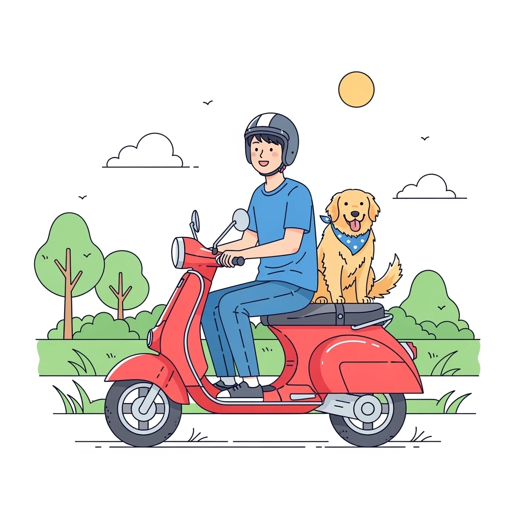 color vector art with thin outline of man and pet dog riding a scooter emoji