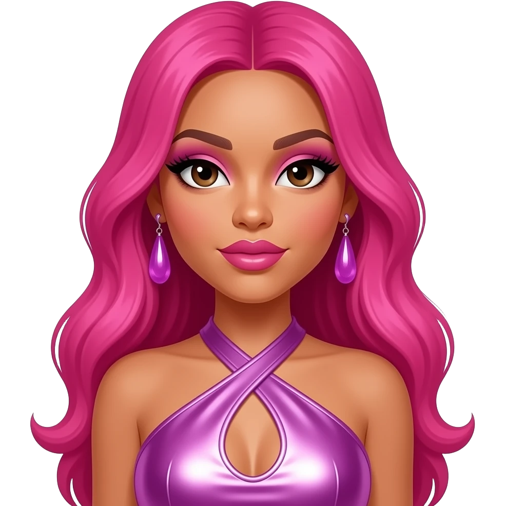 Doja Cat with dark brown eyes, long hot pink hair, hot pink eyeshadow and lipstick, lavender pink metallic halter dress, lavender pink earrings emoji