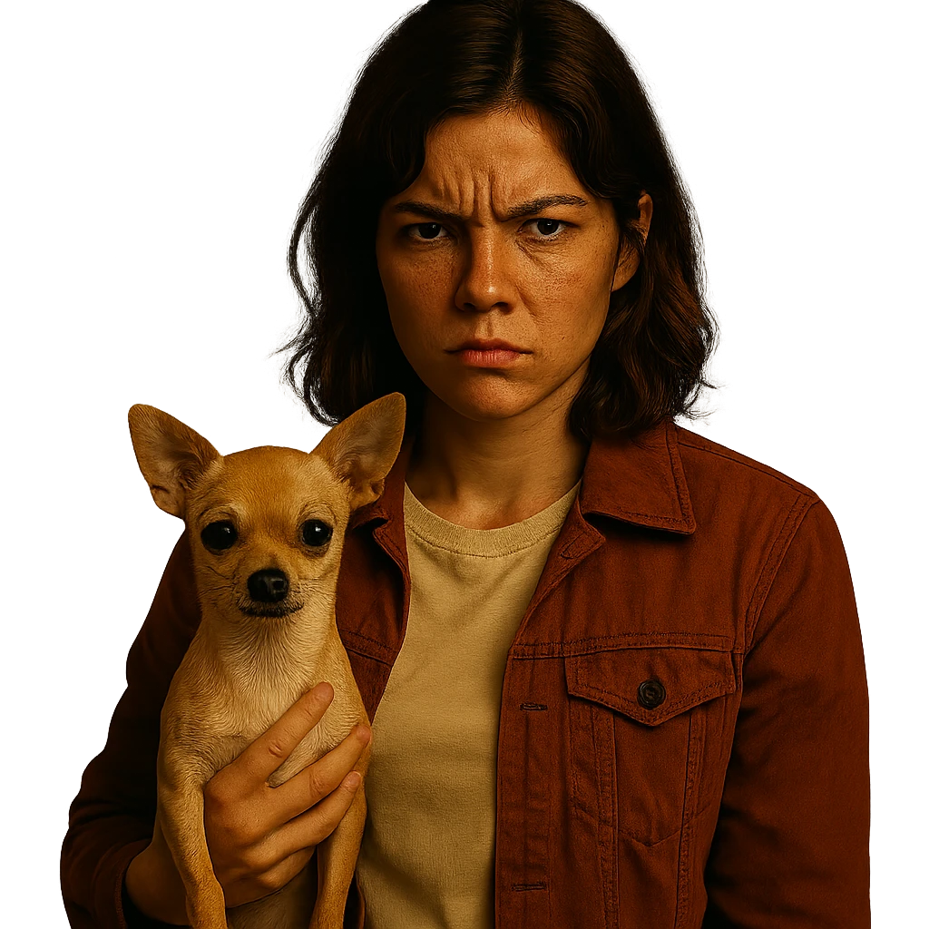 Remove the background completely to obtain a transparent background, keep the woman and the chihuahua intact, in the style of a Netflix series poster. emoji