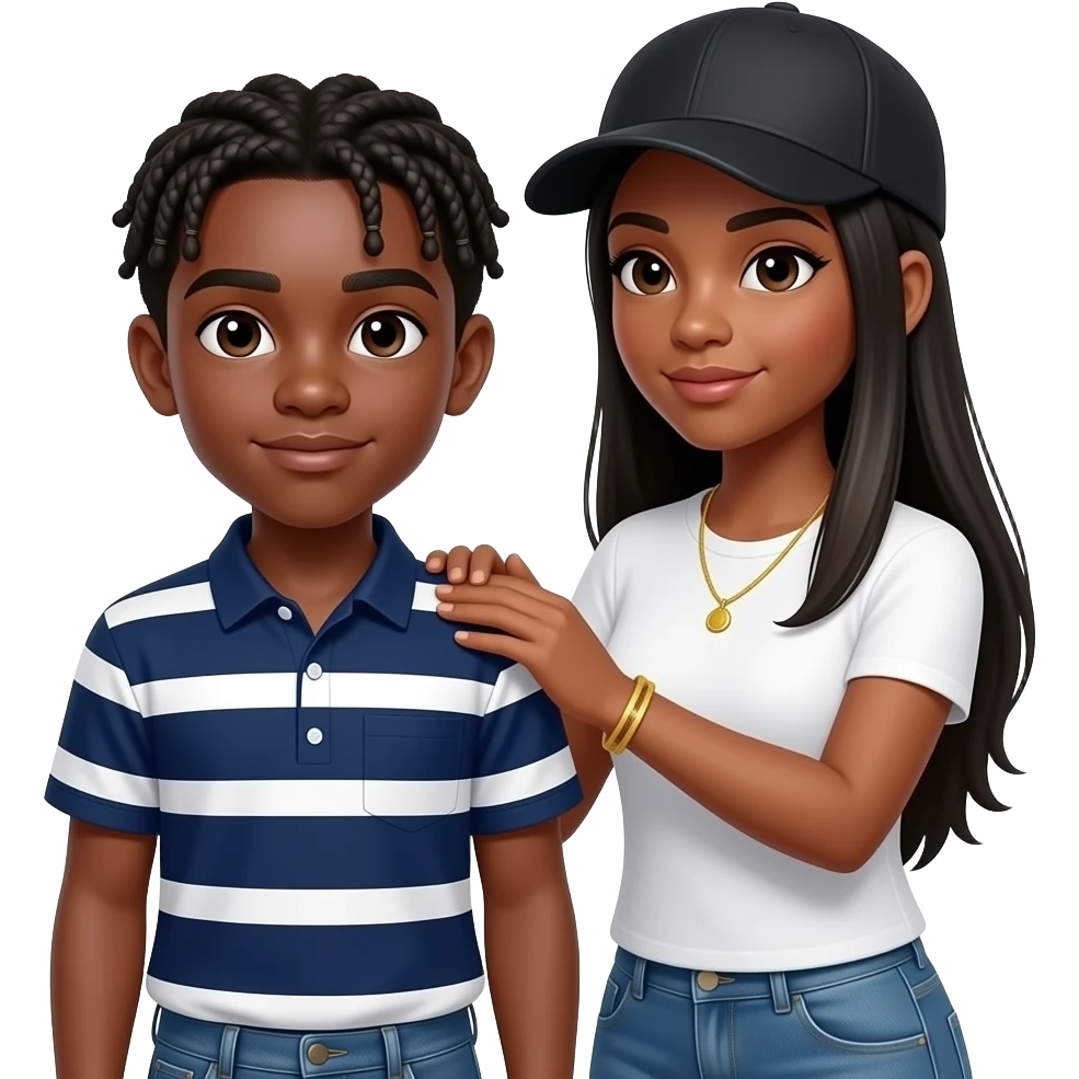 African American teenage boy wearing a navy blue button up shirt with white stripes getting half hair braided by a African American woman with long straight black hair wearing a adjustable black cap to the back and denim jeans wearing a white t shirt and a gold tennis necklace and gold bracelet emoji