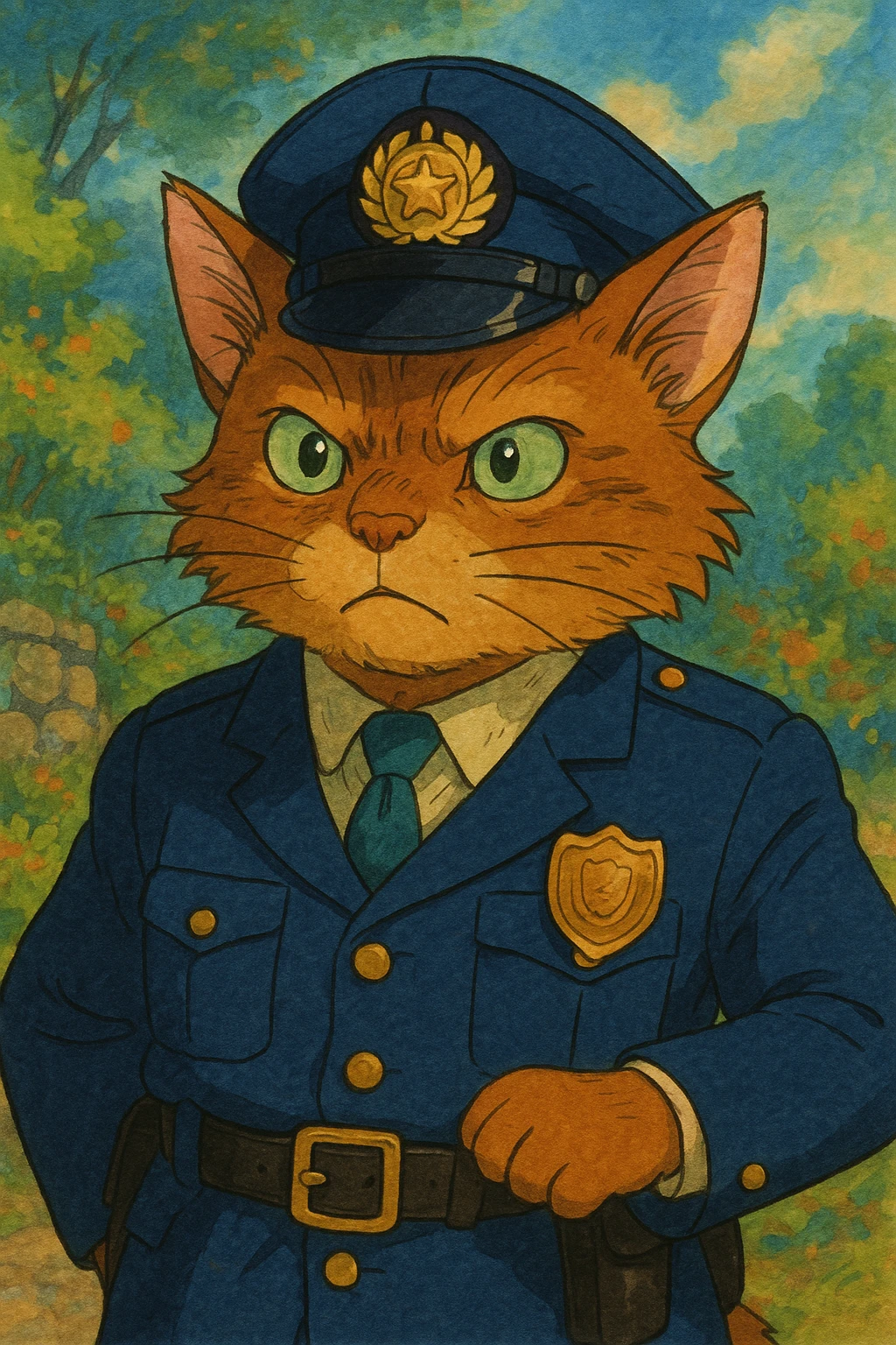 a police officer with a cat body, different artistic style, detailed, expressive emoji
