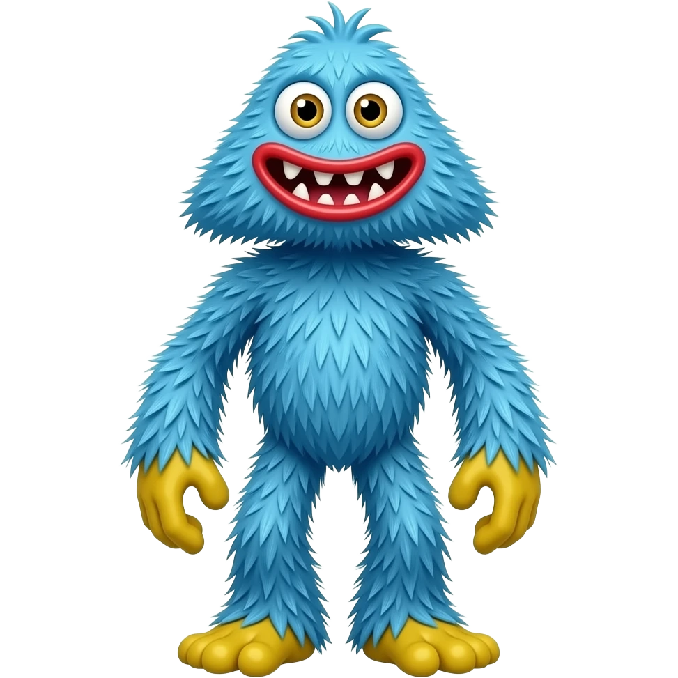 Create a blue furry monster with a upside down triangle face, giant eyes, red lips, and sharp teeth. Its body is tall, skinny, and covered in fluffy blue fur. The hands and feet are large and yellow. Add a visible torso, long limbs, messy fur texture, cartoon style, and creepy playful expression. emoji