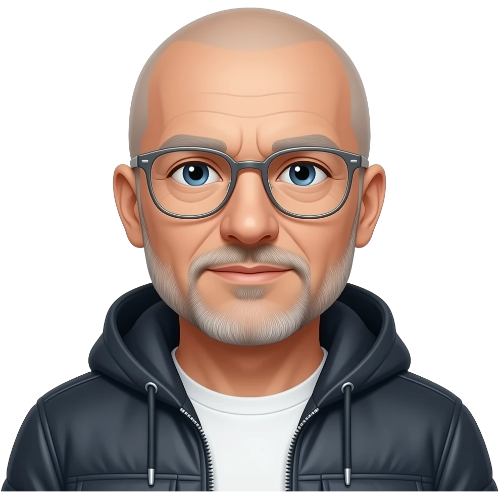 metal-framed glasses ery entellectual man, 65 years old, street wear stubble, shaved short with clippers emoji