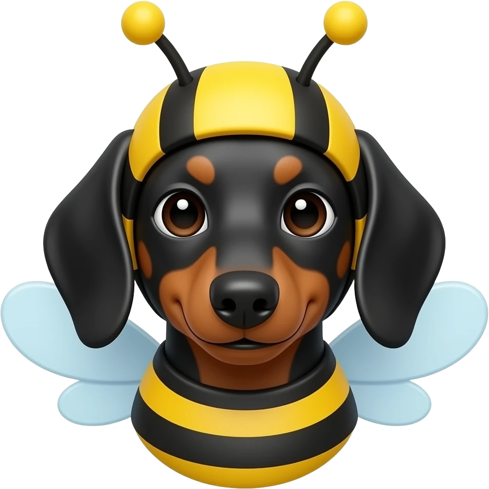 Smiling short-haired dachshund head with black/brown fur wearing bee costume emoji