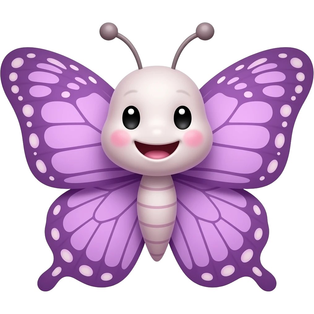 Милая озорная мордочка бабочки с фиолетовыми крыльями, радуется emoji