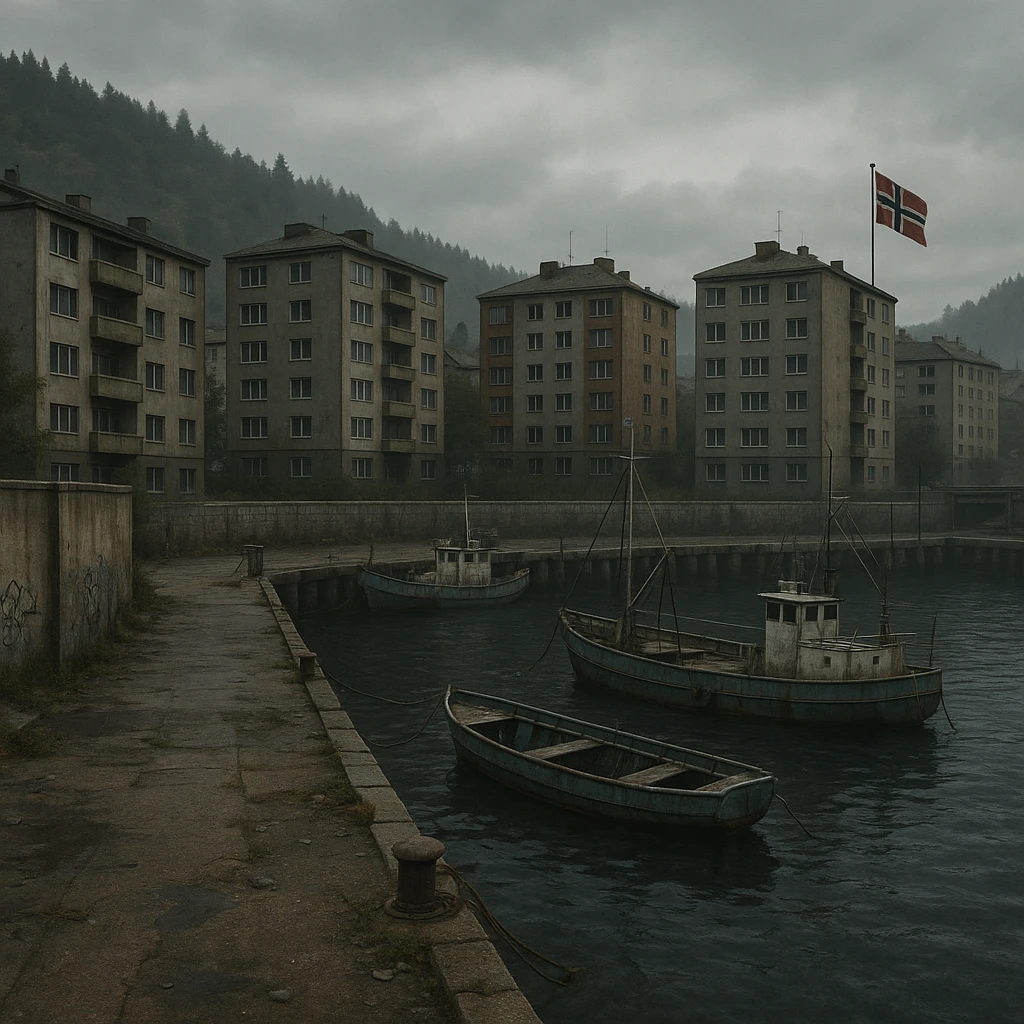 a screenshot of the game DayZ videogame, the harbor in a Norwegian port town, apartment blocks emoji