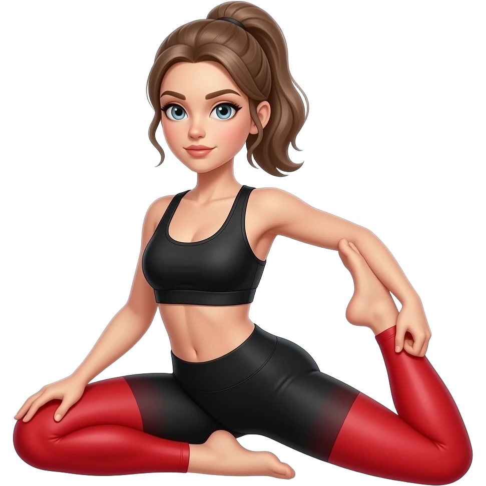 leg pain, full red glow covering both legs from hips to feet, woman holding one leg, fair-skinned woman, gray-blue eyes, ash brown brows, ash light brown hair tied back, slim athletic body, black workout set emoji