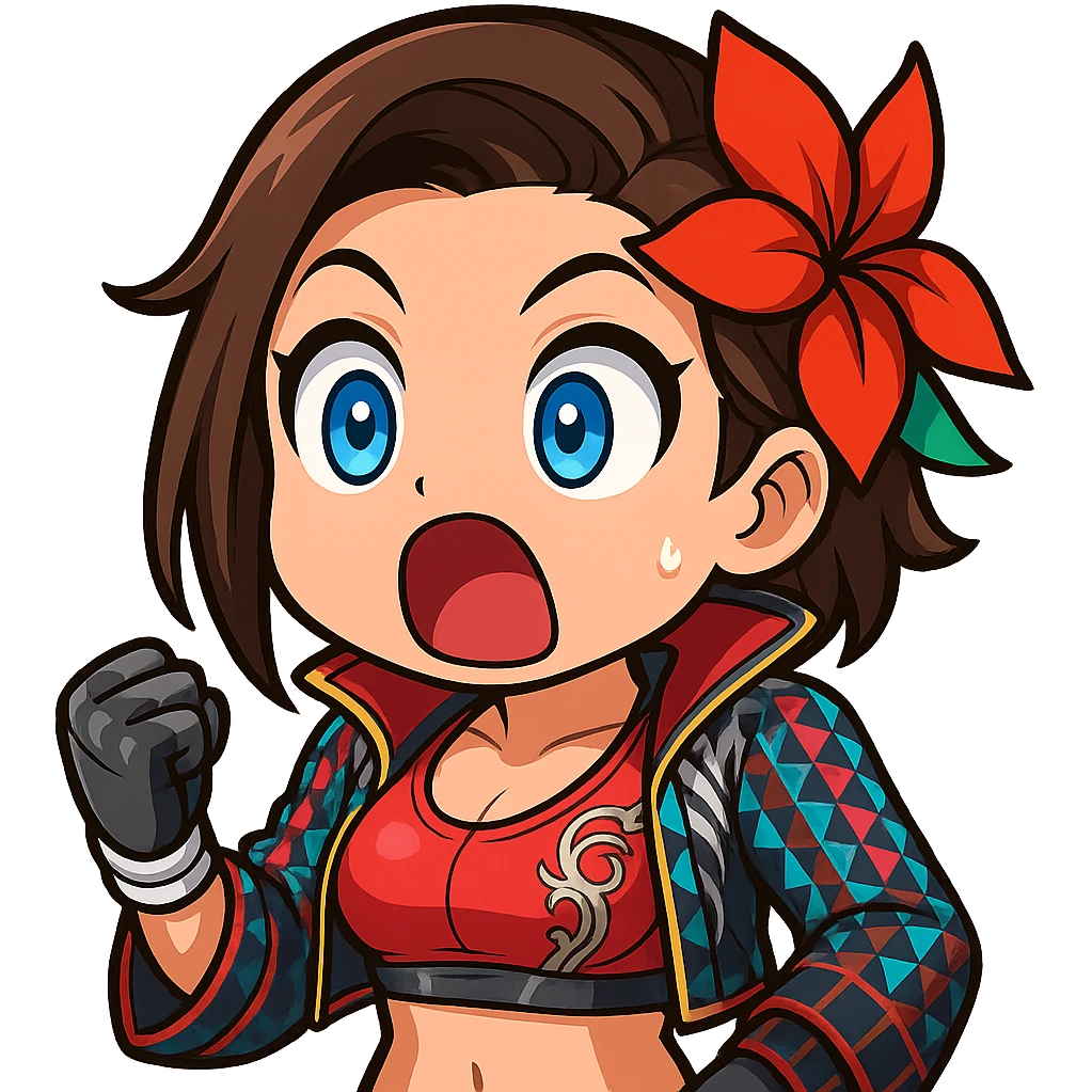 Azucena from Tekken 8 in chibi sticker style, shocked expression with wide eyes and mouth open, wearing the detailed red and patterned outfit from the reference images, designed for Twitch emote use. emoji