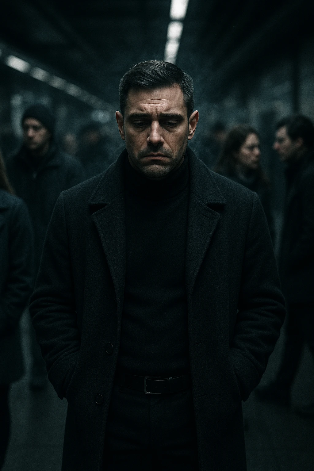 A cinematic shot of a man in his early 30s standing still in the middle of a crowded urban environment — perhaps a subway platform or office hallway — surrounded by blurred, cold-looking people facing away from him or speaking among themselves, ignoring him completely. The man has a heavy, emotionally drained expression, shoulders slightly slouched, hands in his coat pockets. He stands out in sharp focus while the others are dimly lit, grey-toned, and in motion blur. The lighting is harsh and cool, with strong shadows and low saturation to emphasize emotional isolation. A subtle dark aura or mist lingers around the man’s body, visually conveying the weight of negativity and emotional pressure. Shot in 35mm cinematic style, high realism, with a desaturated color palette and shallow depth of field emoji