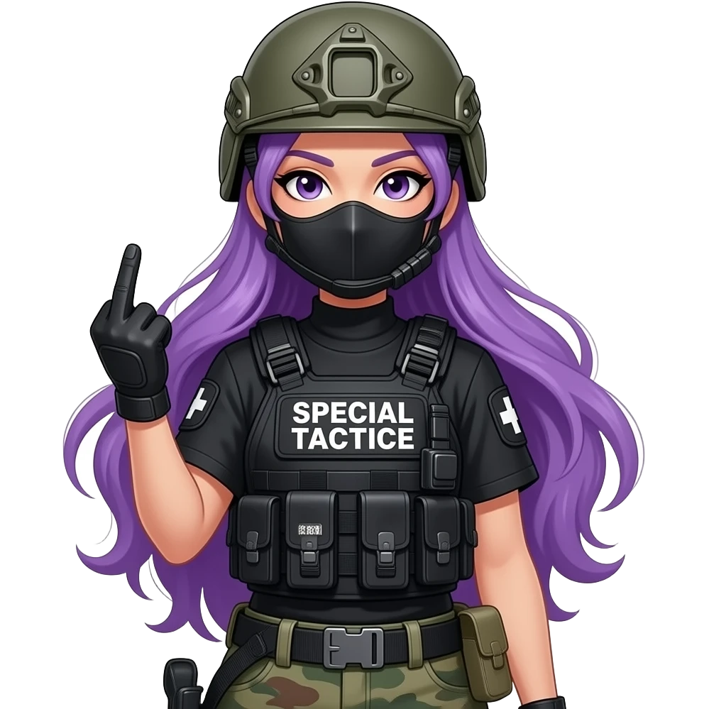 sexy girl with long purple hair wears a SPECIAL TACTICS FORCE medical OUTFIT BLACK FATIGUE AND COMBAT BOOTS PLATE with a helmet and a mask shows her middle fingers emoji