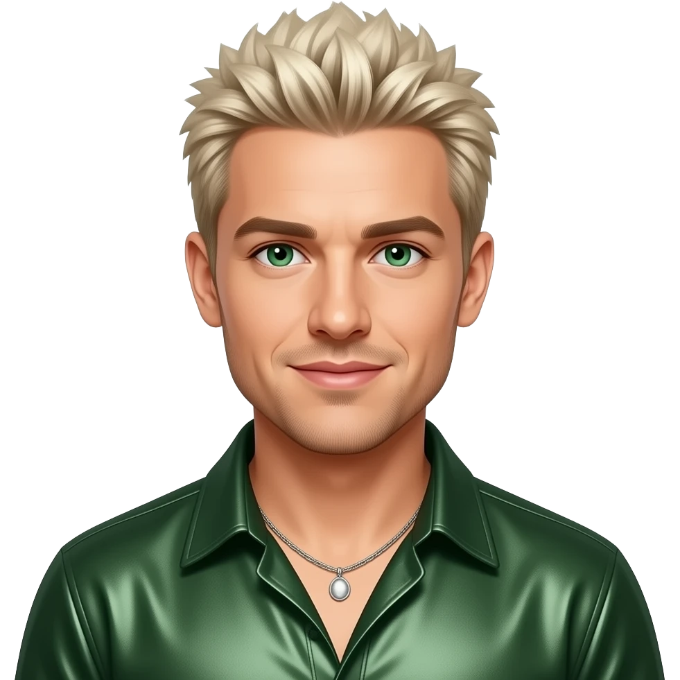 Lance Bass from NSYNC with green eyes, white blonde 90s spiky hair, dark green metallic shirt, necklace emoji