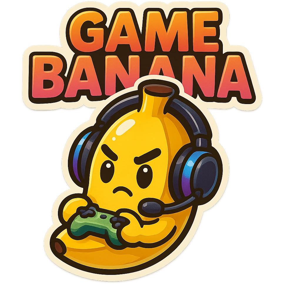 Cartoon banana wearing headset, holding tiny controller, focused expression, text above: "NE BANANA", chibi style, Twitch emoji style, transparent background, colorful emoji