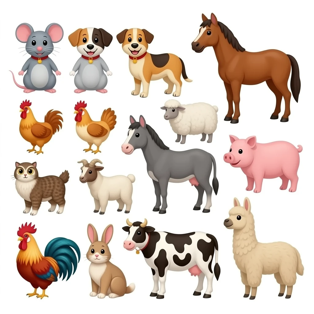 List of 16 farm animals inside the peekaboo barn like have: Duck, mouse, dog, horse, sheep, chicken, donkey, pig, goat, cat, owl, rooster, rabbit, Turkey, cow, and llama emoji