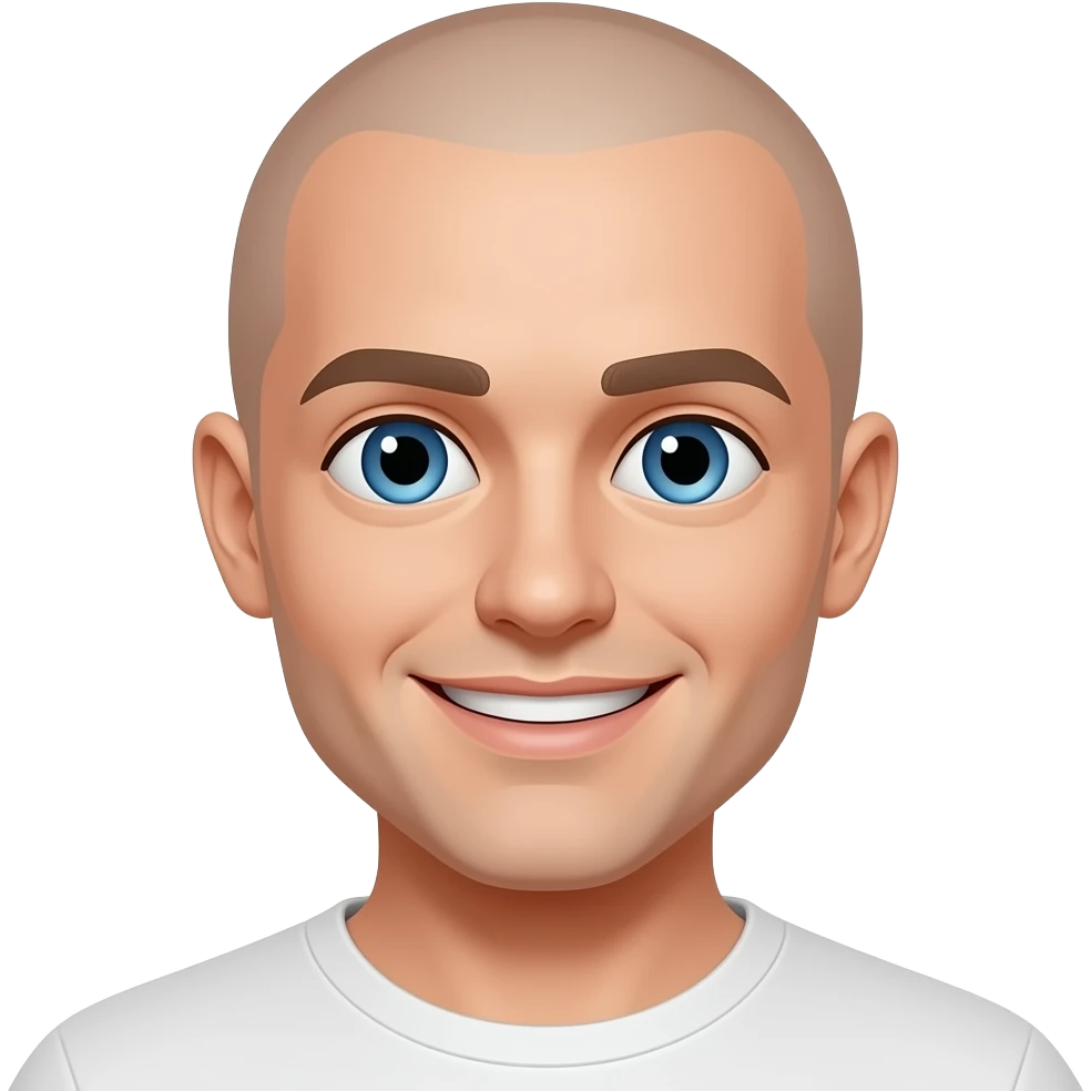 face of a young bald man with blue eyes, smiling emoji