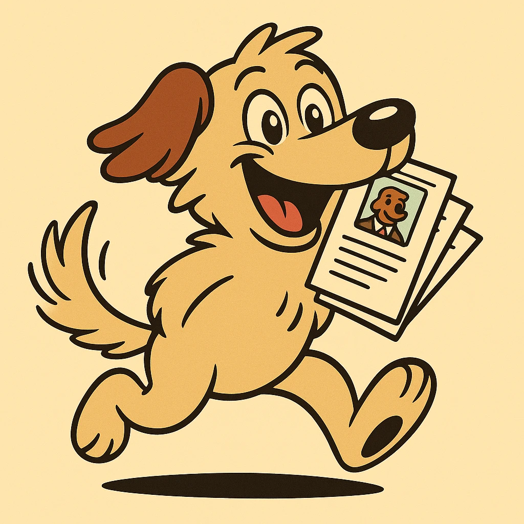 Maintain the friendly, classic cartoon style of the dog. Make the dog look even more playful and energetic with a bigger smile and a wagging tail. Remove the hands and bag. Have the dog happily carrying several resumes in its mouth, emphasizing a joyful and lively expression. emoji