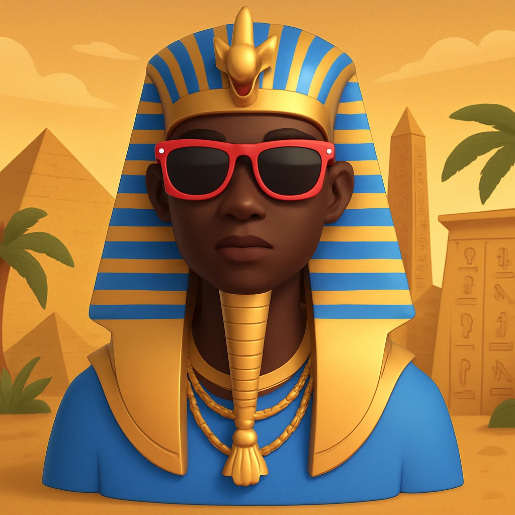 Add an Egyptian background behind the pharaoh with sunglasses and black skin, maintaining the 3D emoji style look. emoji