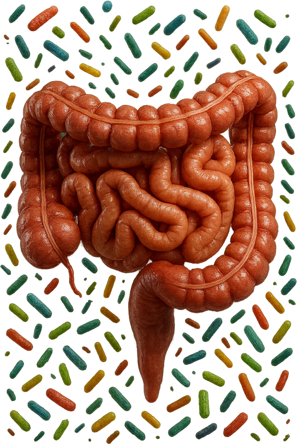 intestino umano anatomico con batteri intestinali che gli fluttuano intorno, iperrealistico 4k emoji