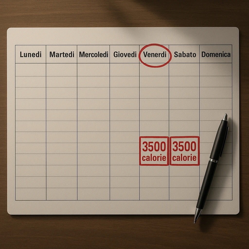 A hyperrealistic weekly calendar viewed from above in Italian, showing days from Monday to Sunday. Friday is circled in red. Below both Saturday and Sunday, the text '3500 calorie' is highlighted inside a red box. The image has 4K details and a desk atmosphere. emoji