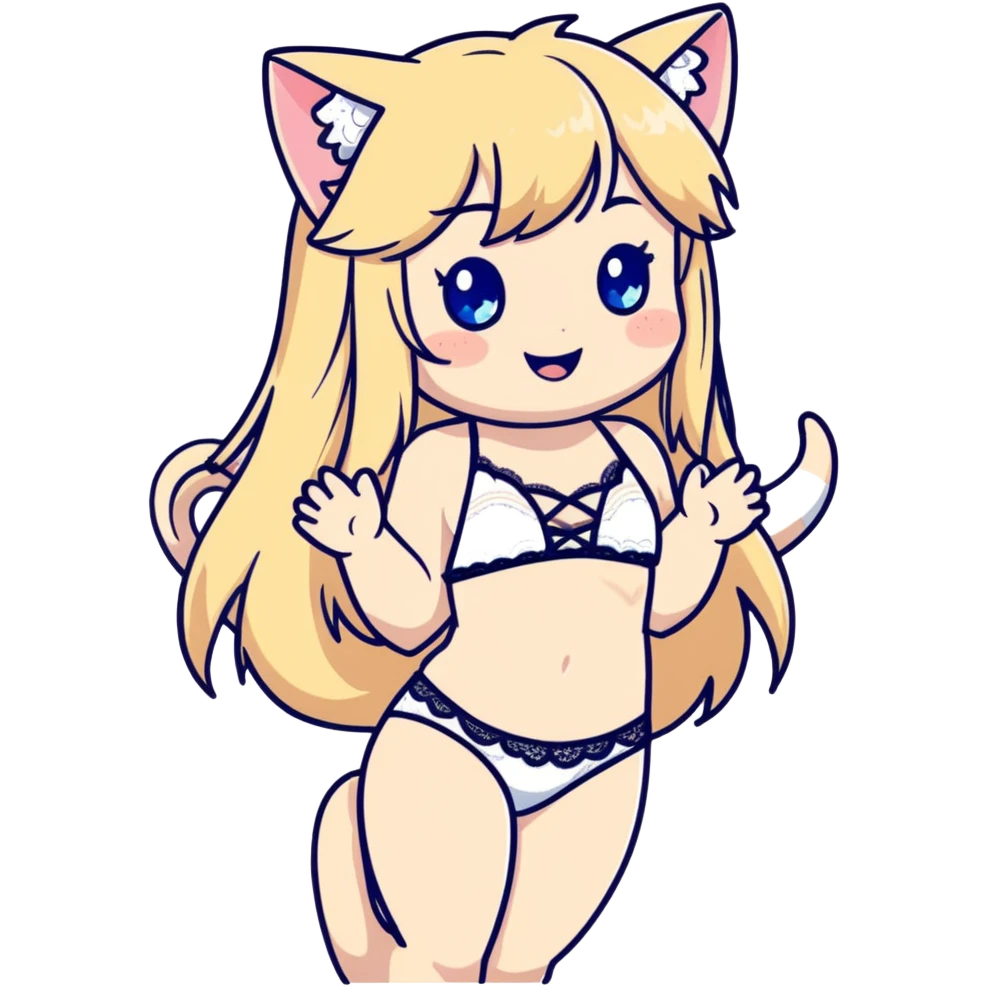 painting of flirty petite blonde blue eyes catgirl soft body long hair freckles giggling shy lace white bikini tight waist wide hips Japanese art influence emoji