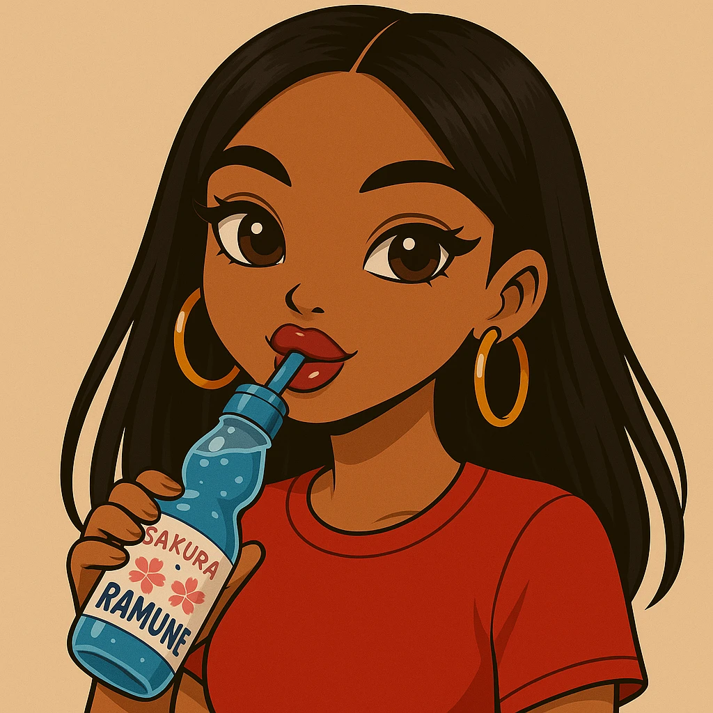 Headshot of a 20-year-old anime Bratz style woman with dark skin, straight hair, trendy outfit, glossy lips, no hat, no tears, happy expression, both eyes open, looking straight ahead, drinking blue Ramune soda labeled 'Sakura'. Change her eyes to brown and her shirt to red. emoji