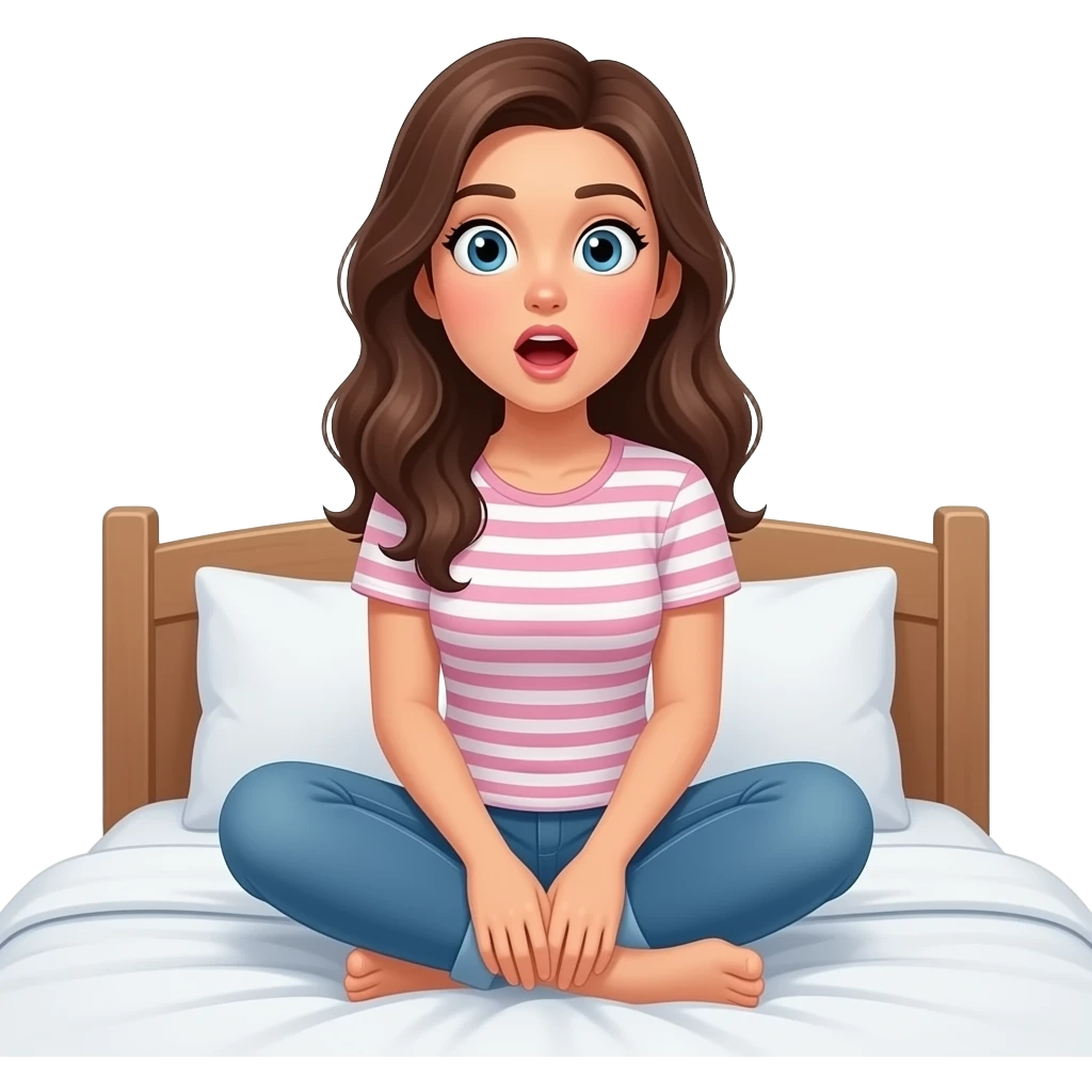 침대에 앉아서 특별한 생각이 유레카하며 떠오른 느낌의 캐주얼한 스타일의 예쁜 20대 여성 이모지 emoji