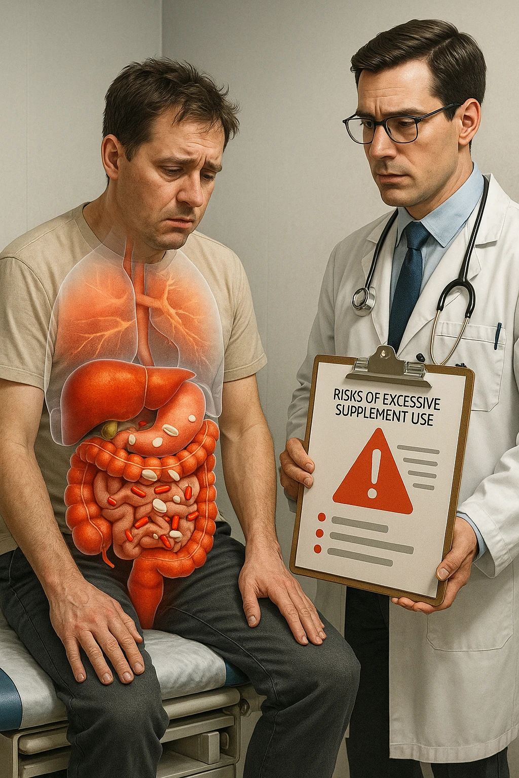 a man sits on a doctor’s examination table, looking fatigued and uncomfortable. A transparent anatomical overlay reveals his liver and intestines, both appearing inflamed and congested, with stylized supplement capsules and pills scattered throughout the digestive tract. The doctor stands nearby, holding a chart that highlights the risks of excessive supplement use. The mood is clinical and educational. in italiano iperrealistica emoji