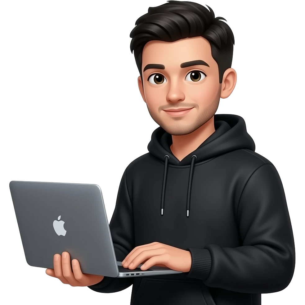 man from gen z wearing black hoodie and holding a macbook facing the camera and half of his body showing, he have a small beard and black eyes and black hair and he has 20years old emoji