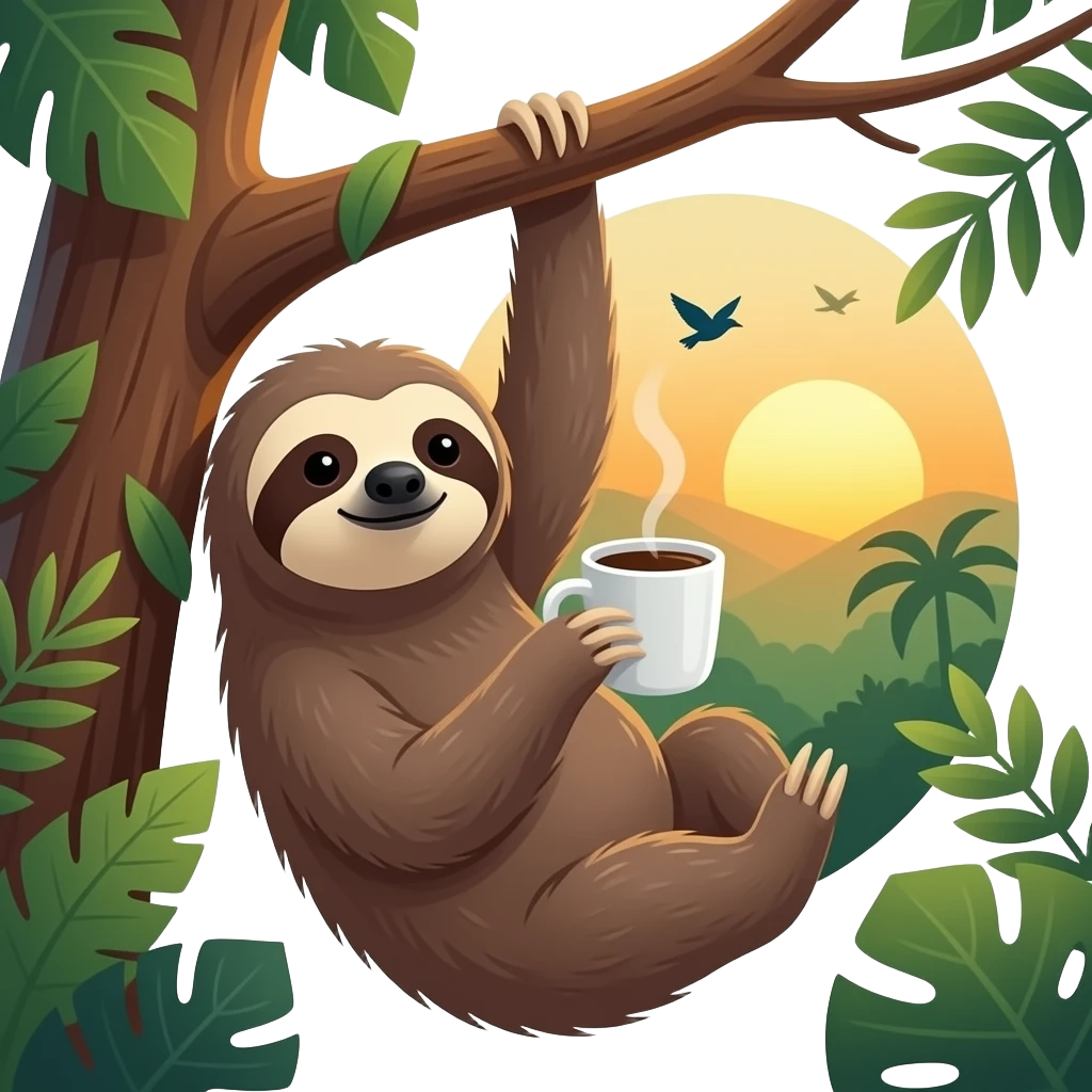 sloth tree morning coffee hanging sunrise jungle birds emoji