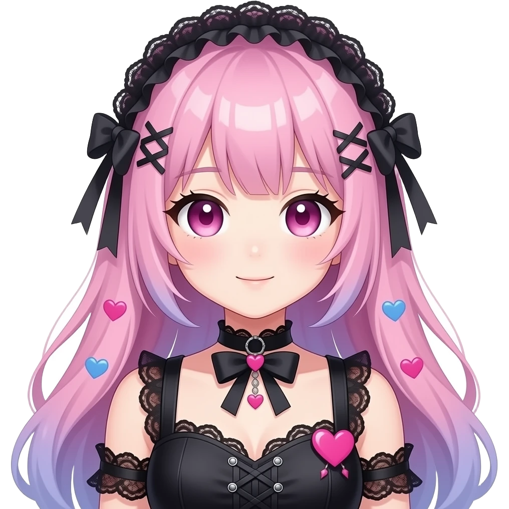 Cute colorful trendy aesthetic pretty anime woman lady vtuber with, gothic, fringes, laces, heart patterns, ribbons, emoji