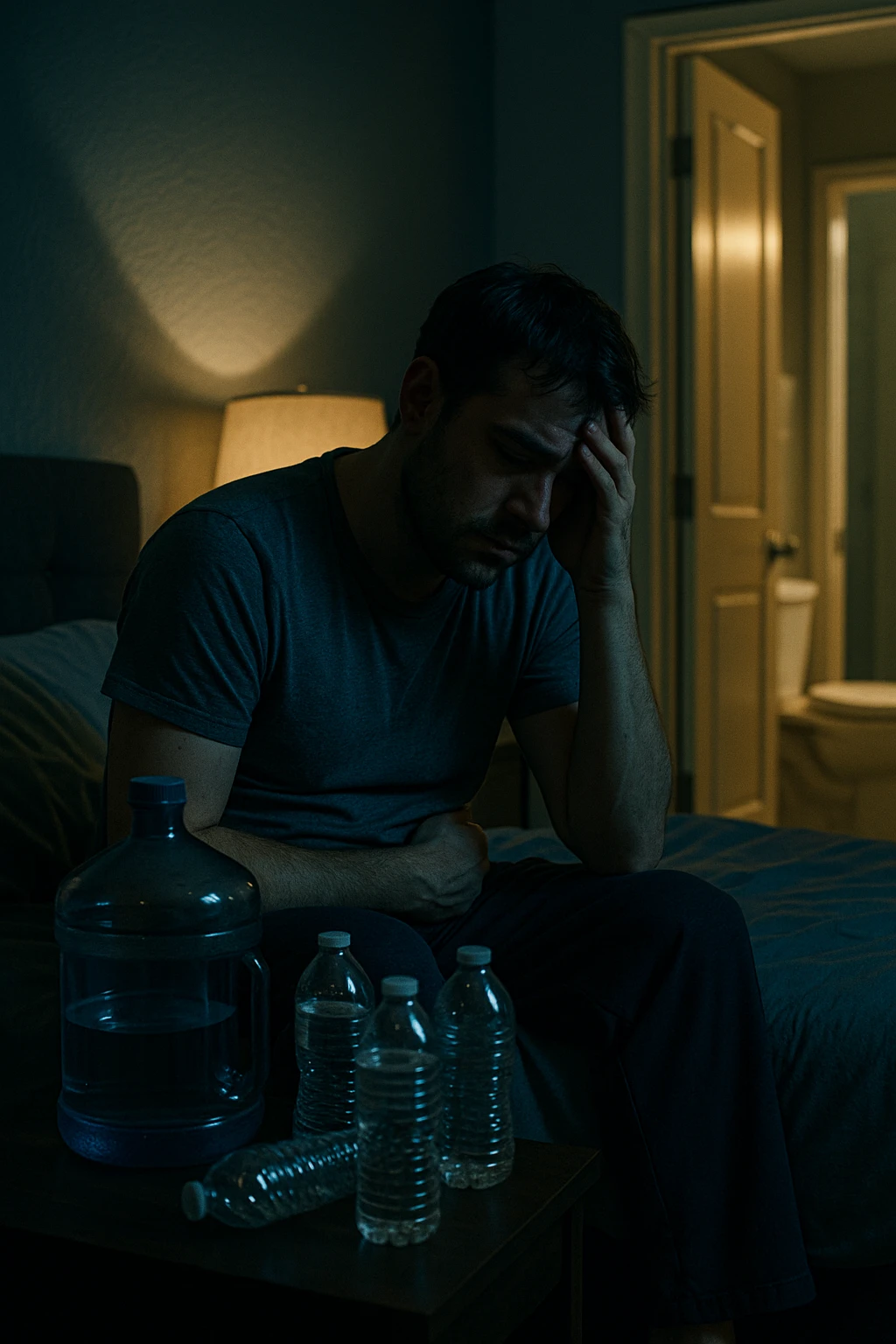 A cinematic scene of a man in his 30s sitting on the edge of his bed at night, clearly tired and frustrated. On his nightstand are several empty water bottles and a large reusable water jug, suggesting excessive hydration. A dim lamp casts soft shadows in the room, and the door to the bathroom is open with light spilling out — symbolizing repeated nightly visits. The man holds his head in one hand, while the other rests on his abdomen, eyes heavy with fatigue. The atmosphere is quiet and introspective. Cool color grading with deep blues and pale yellows enhances the nighttime mood. Style: 35mm cinematic realism, with attention to emotional detail and ambient lighting emoji