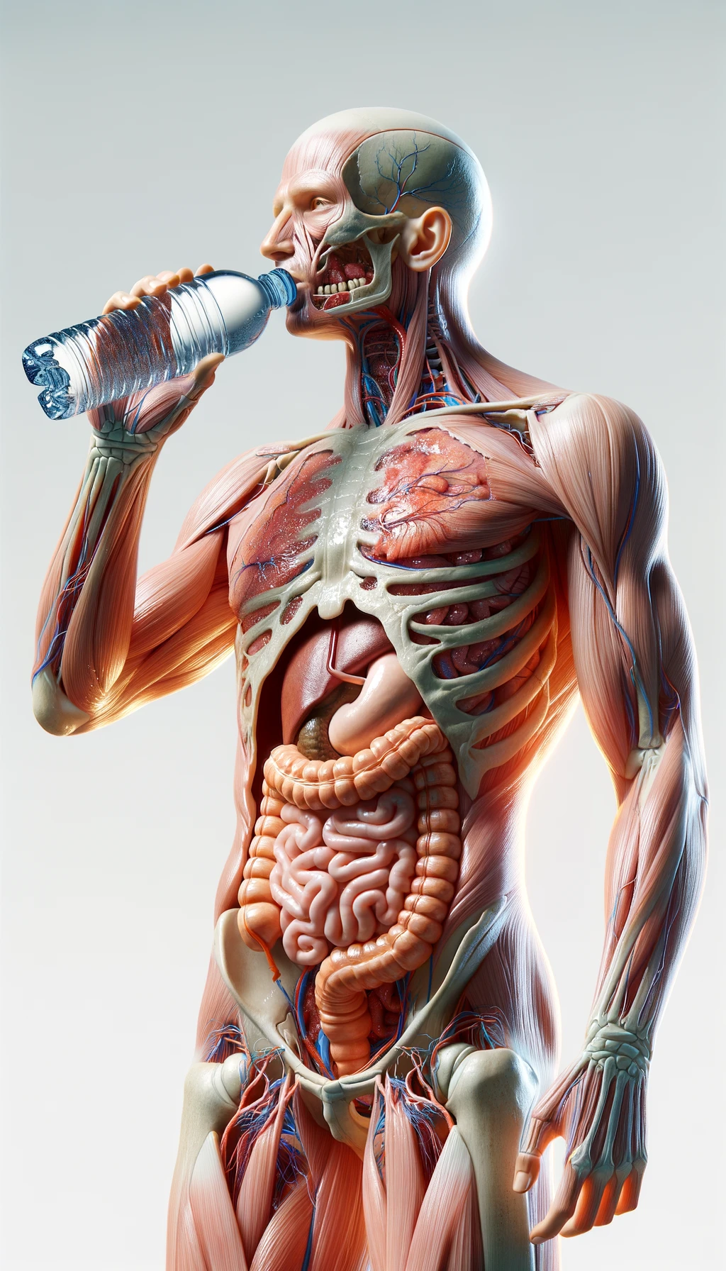 corpo umano anatomico con intestino in evidenza che beve una bottiglietta di acqua con espressione neutra in volto, iperrealistico 4k, isolato su sfondo bianco emoji