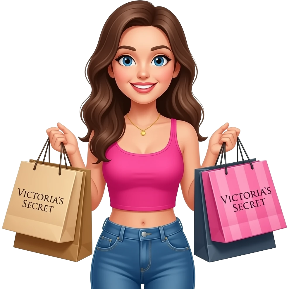 Pretty Happy young woman in hot pink crop top and rich and is very beautiful with shopping bags in hand from Victoria secret emoji