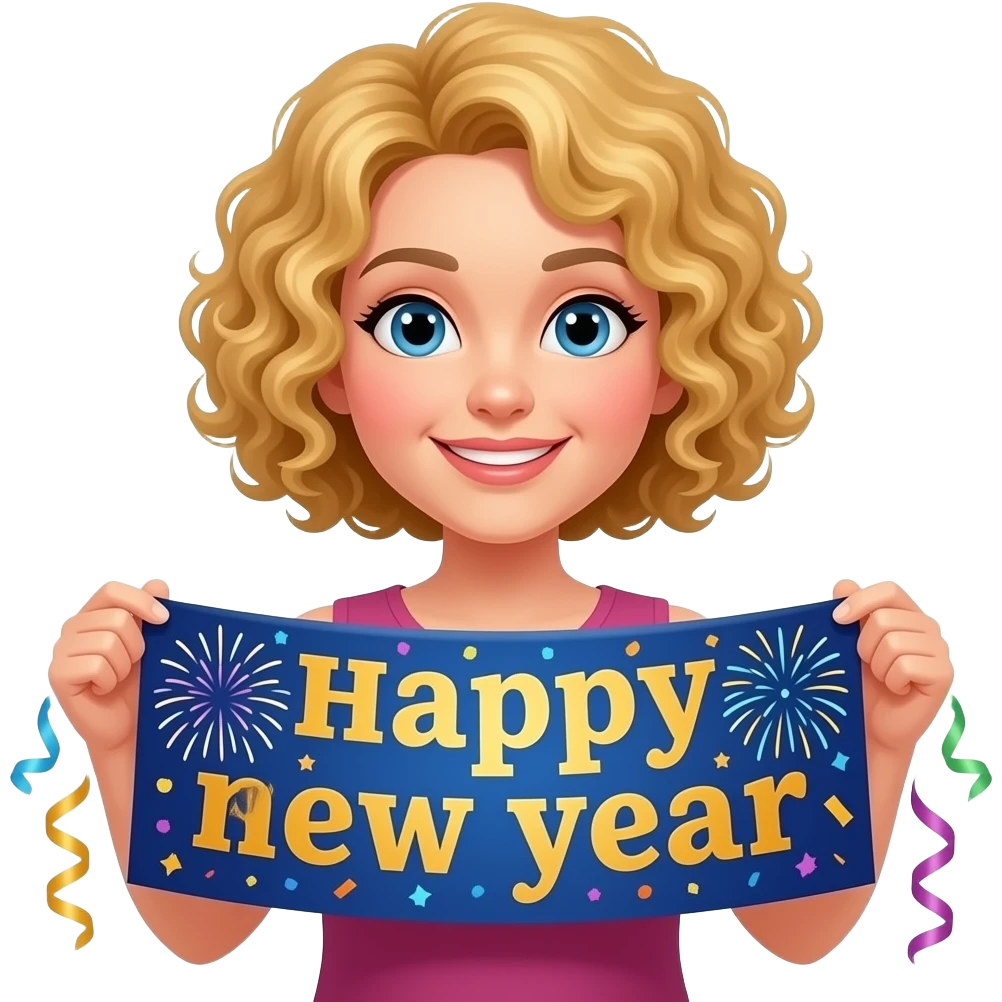 blonde tight curly hair in a short bob happy new year banner fireworks and streamers emoji