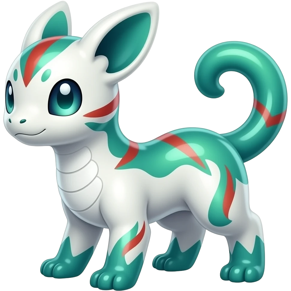 Shiny iridescent glossy oily smooth silky soft White with green-teal-turquoise-gradient with red streak markings and white belly and white points beautiful handsome gorgeous aesthetic colorful vibrant Vernid-Trico-species-Fakemon-creature by LiLaiRa, 4 legs, 1 tail, random markings, (full body) emoji