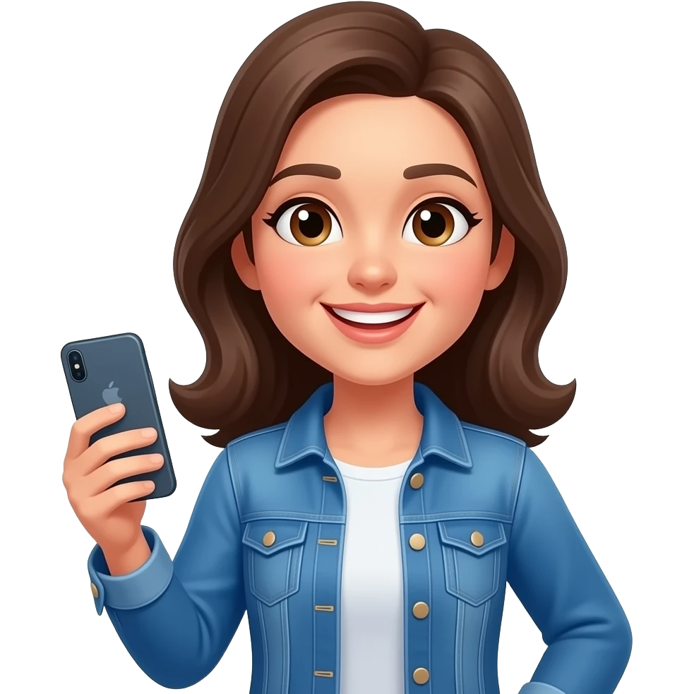 friendly and inspiring female forex trader mascot holding iPhone, mid 20s, blue denim jacket emoji