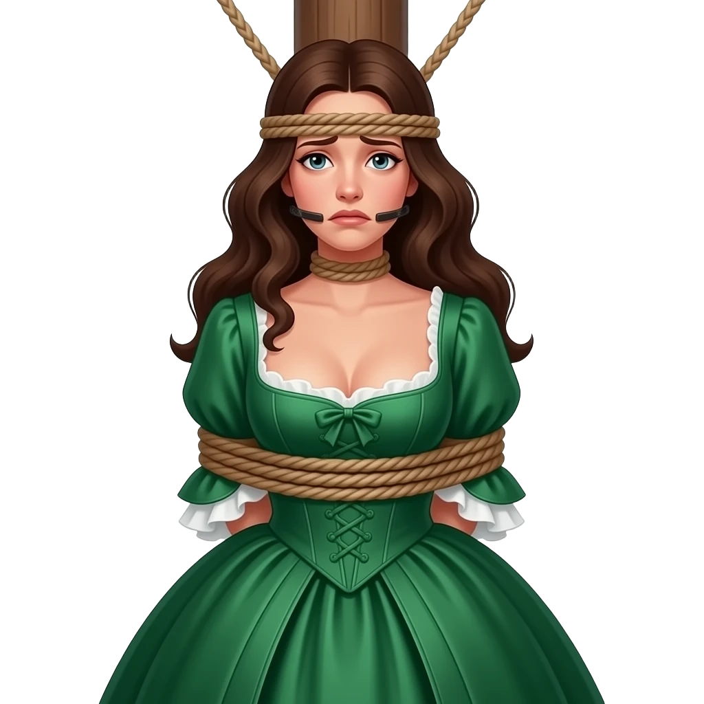 Brunette woman in emerald green 1770s gown with long flowing hair, looking distressed, ample bosom, gagged and bound to tall post, with lower rope tied just beneath bosom and another upper single rope tied around her head at mouth level. Upper rope around mouth level only! emoji