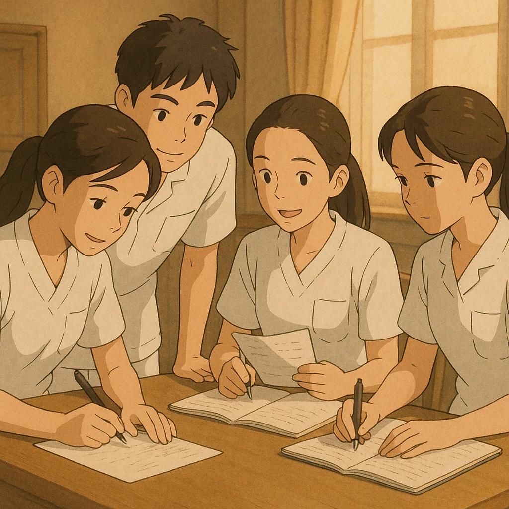 Group of four nursing students, Ghibli style, inspired by photos, working together indoors. White short-sleeve uniforms, V-neck, left chest pocket, bare forearms, long hair tied back, no stethoscopes or collar stand. Scene of collaboration and exchange. emoji