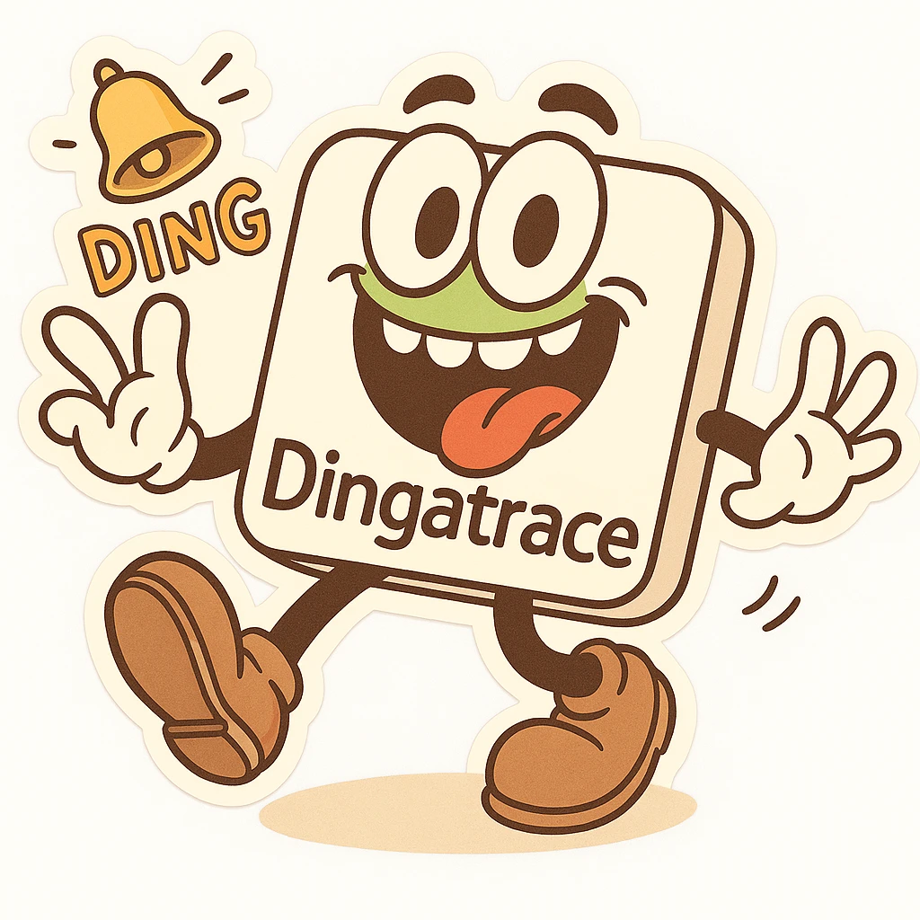 Add playful 'Dingatrace' flair by swapping any Dynatrace text for 'Dingatrace'. Add a ringing bell or comic ding sound effect. Keep the goofy mascot style. emoji