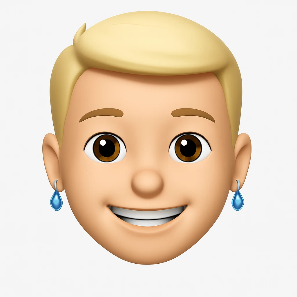 Make it 3d-emoji style: add a plain white background behind the smiling man with earrings, keep all other details the same emoji