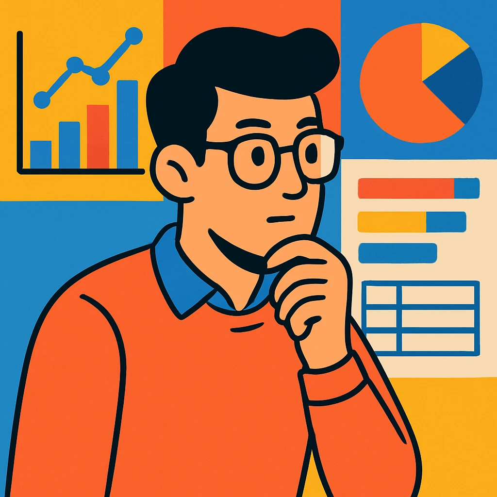 man wearing glasses and looking at data, vibrant toon style emoji
