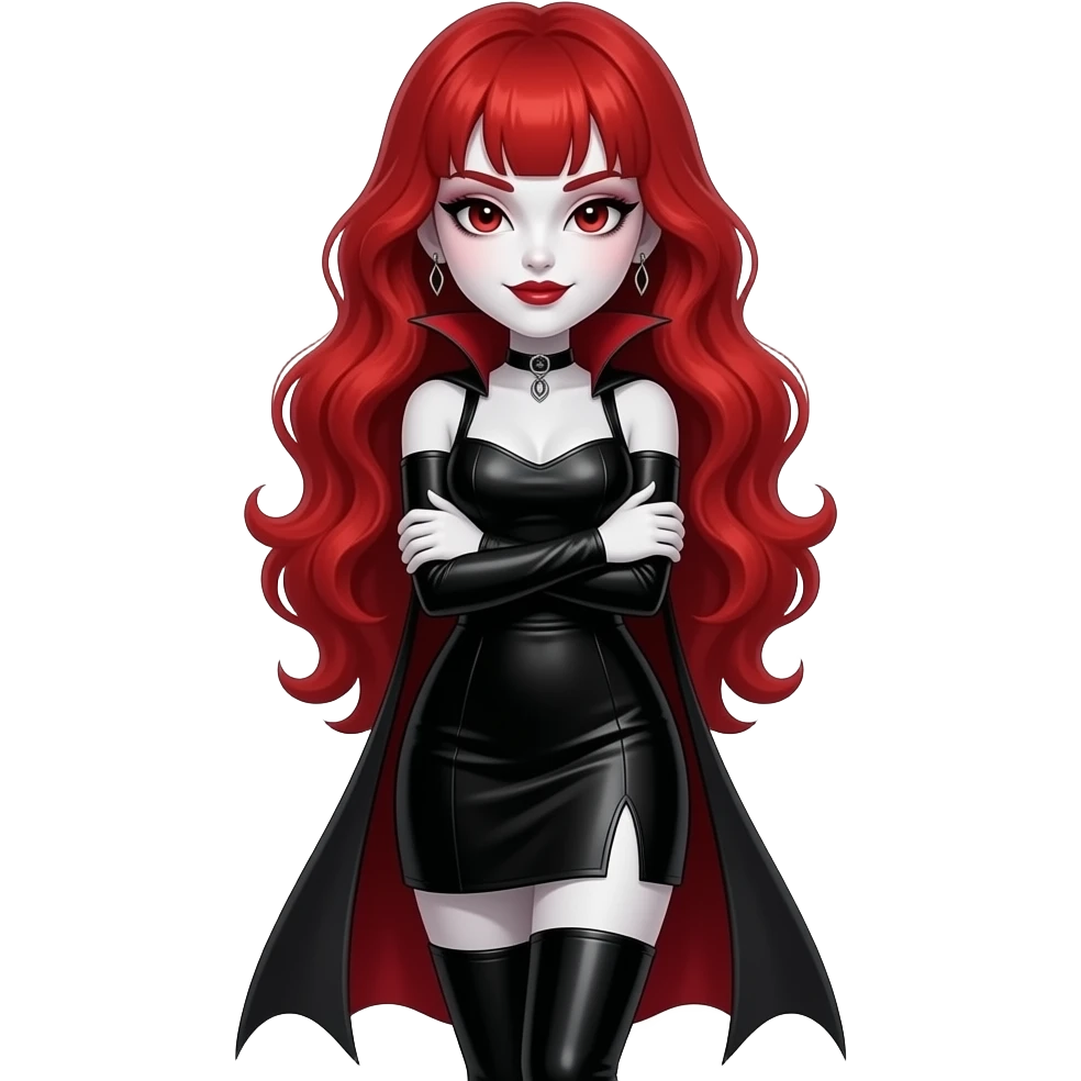 Vampiro femmina con pelle bianca capelli lunghi  rosso fuoco ondulati e la frangetta che indossa una vestito stretto in vita e largo sotto nero con maniche lunghe e anfibi che arrivano alle ginocchia che sta abbracciando Dracula emoji