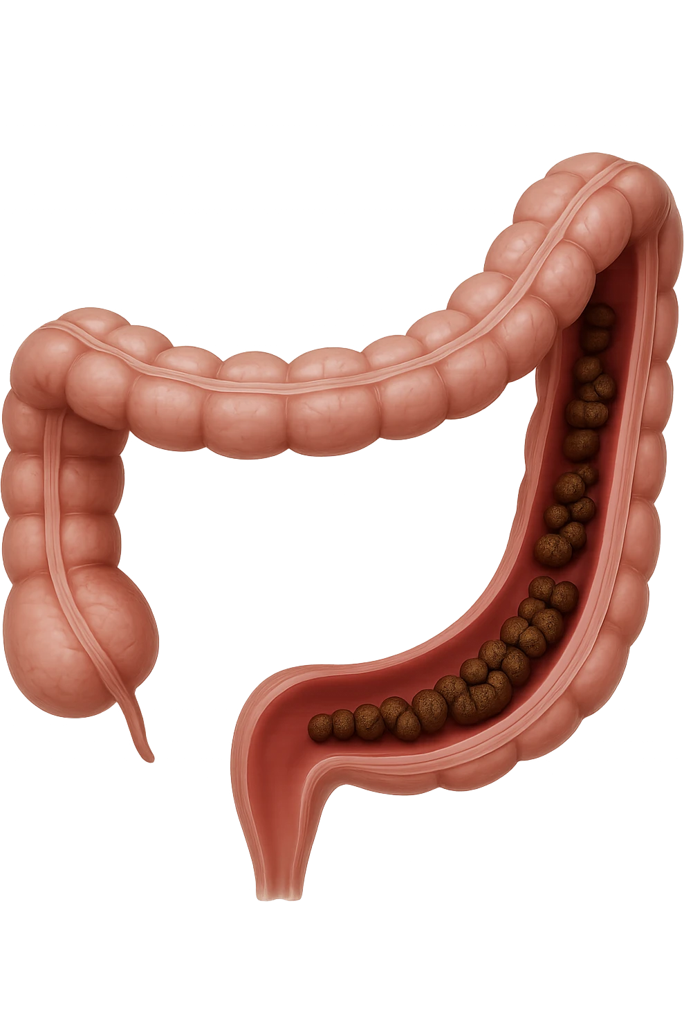 colon umano anatomico con feci a pallini all'interno, stipsi, iperrealistico 4k emoji