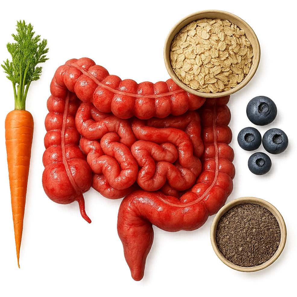 intestino umano anatomico infiammato al centro con carota, bowl di avena, mirtilli, bowl di semi di chia che gli fluttuano intorno , iperrealistico 4k emoji